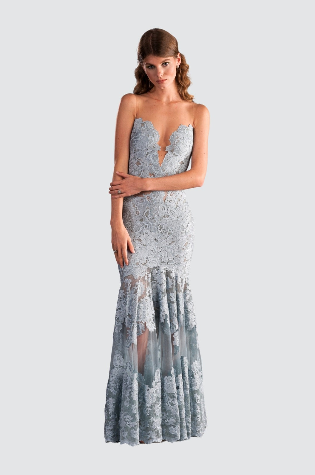 Elegant Sage Gown with Illusion Olvi's Lace Elegant Sage Gown with Illusion Olvi's Lace