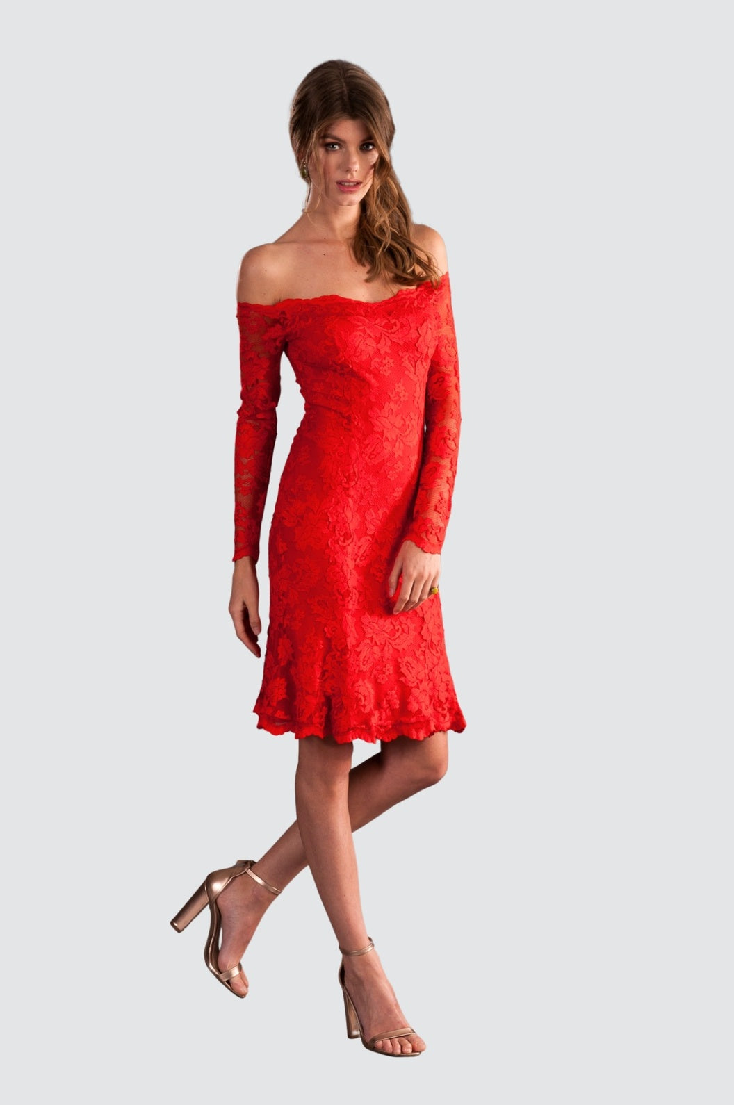 Elegant Red Off-Shoulder Lace Dress – Olvi's Lace
