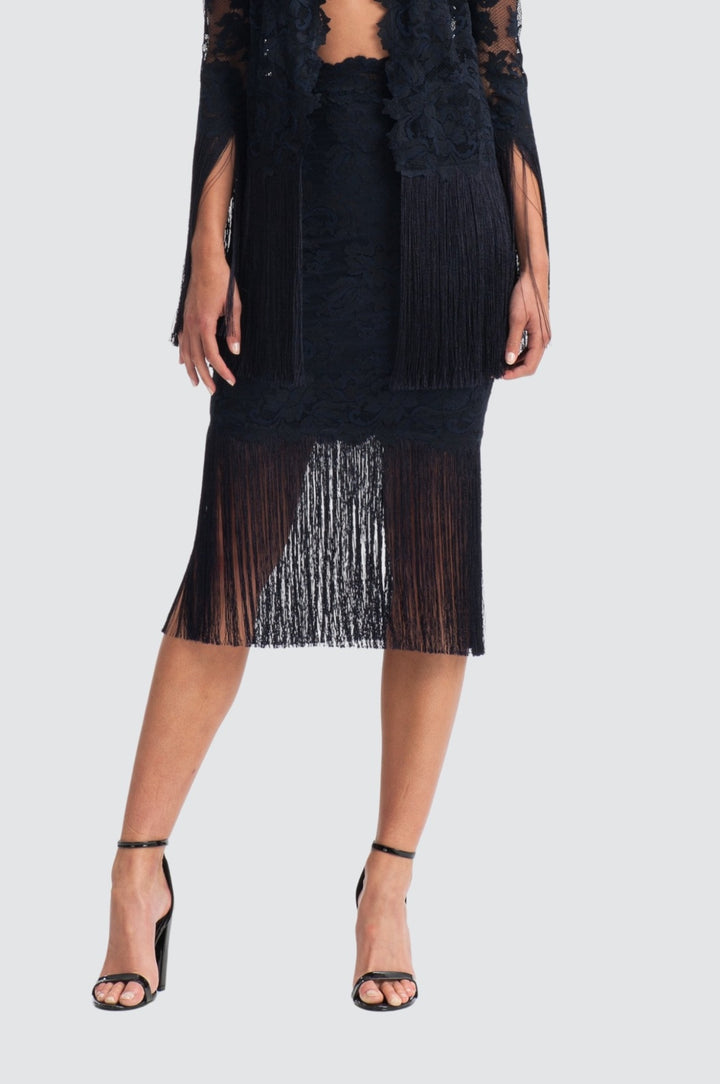 Jupe midi à franges en dentelle