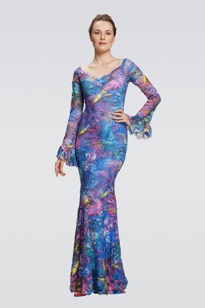 Lace Gown with Ruffle Sleeves-0