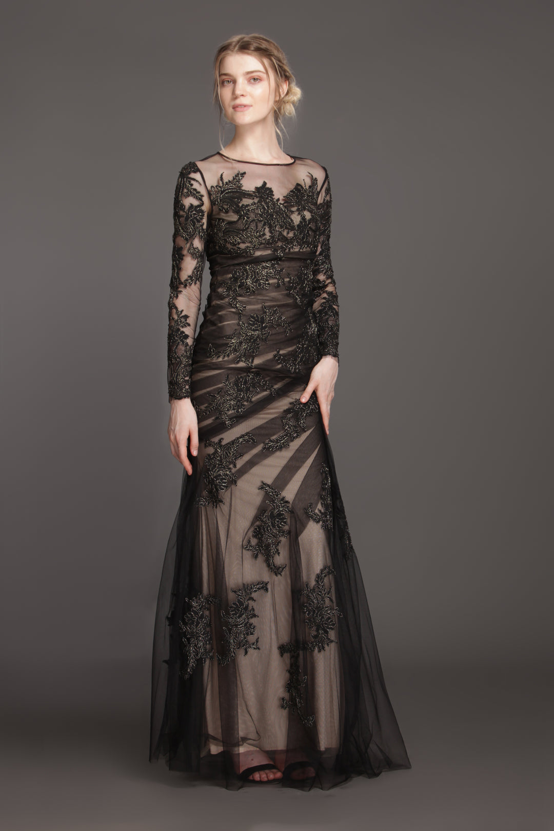 Black leaf on ruched mesh gown-0