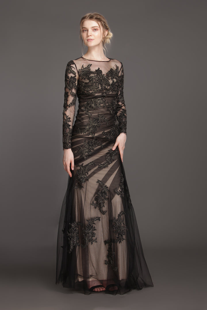 Black leaf on ruched mesh gown-0