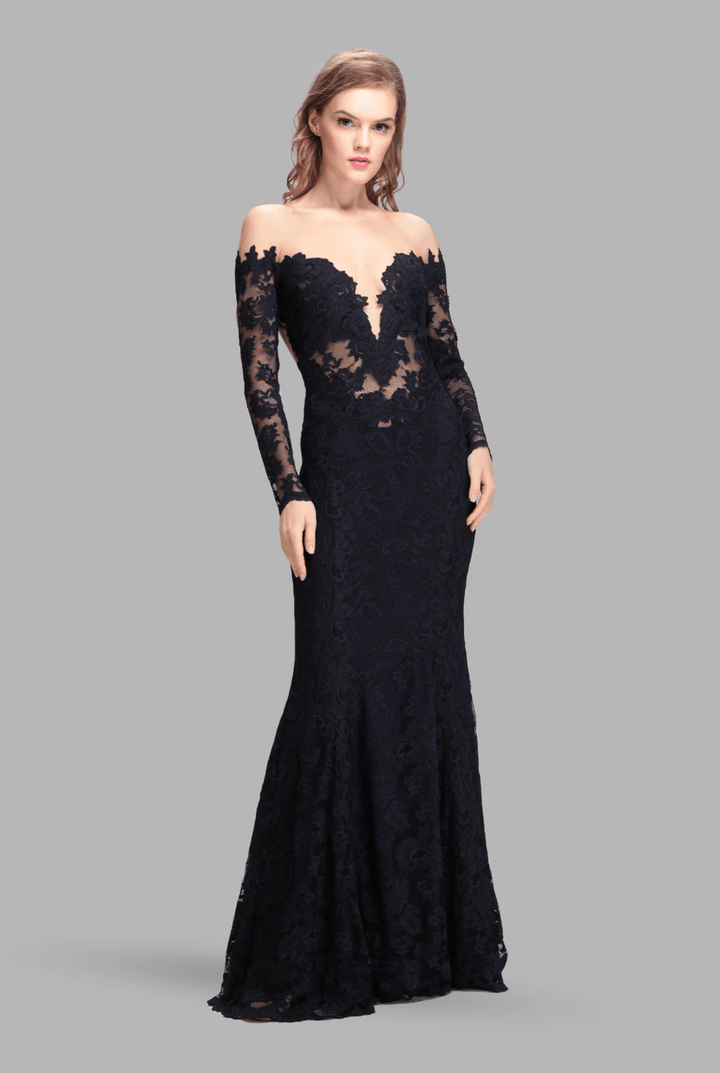 Illusion sheer neck off shoulder full sleeve gown-0
