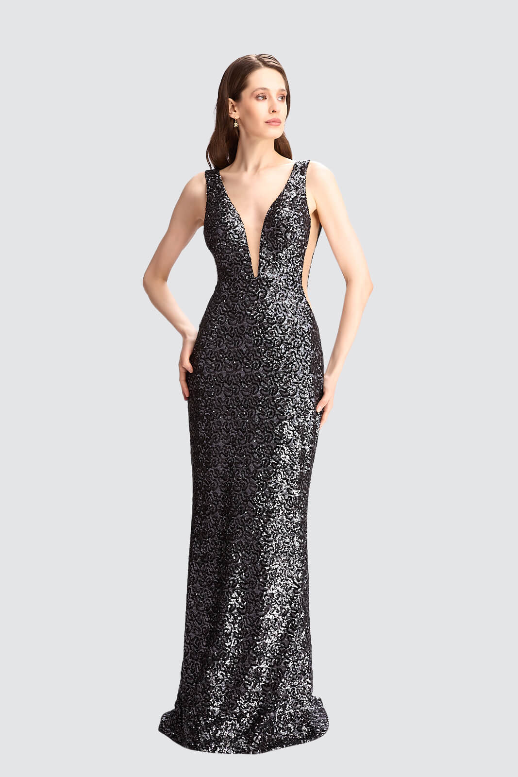 Sequin Deep V-Neck Gown-0