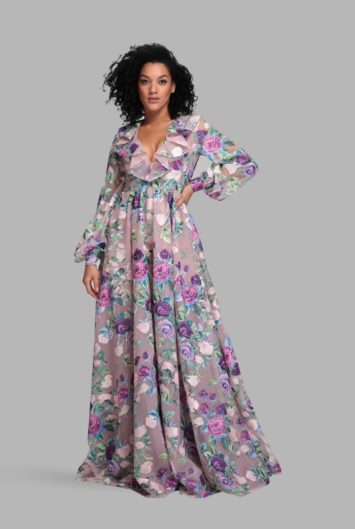 Floral frill-flow bell sleeve gown-0