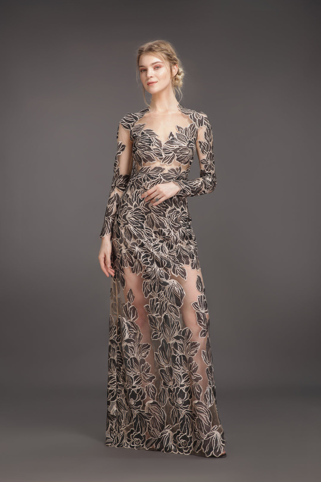 Black Iris leaf mesh long gown Olvi's Lace Black Iris leaf mesh long gown Olvi's Lace