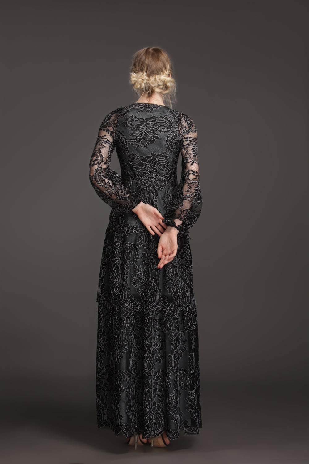 Black leaf lace gown with balloon sleeves-1