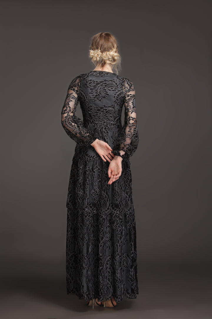 Black leaf lace gown with balloon sleeves-1