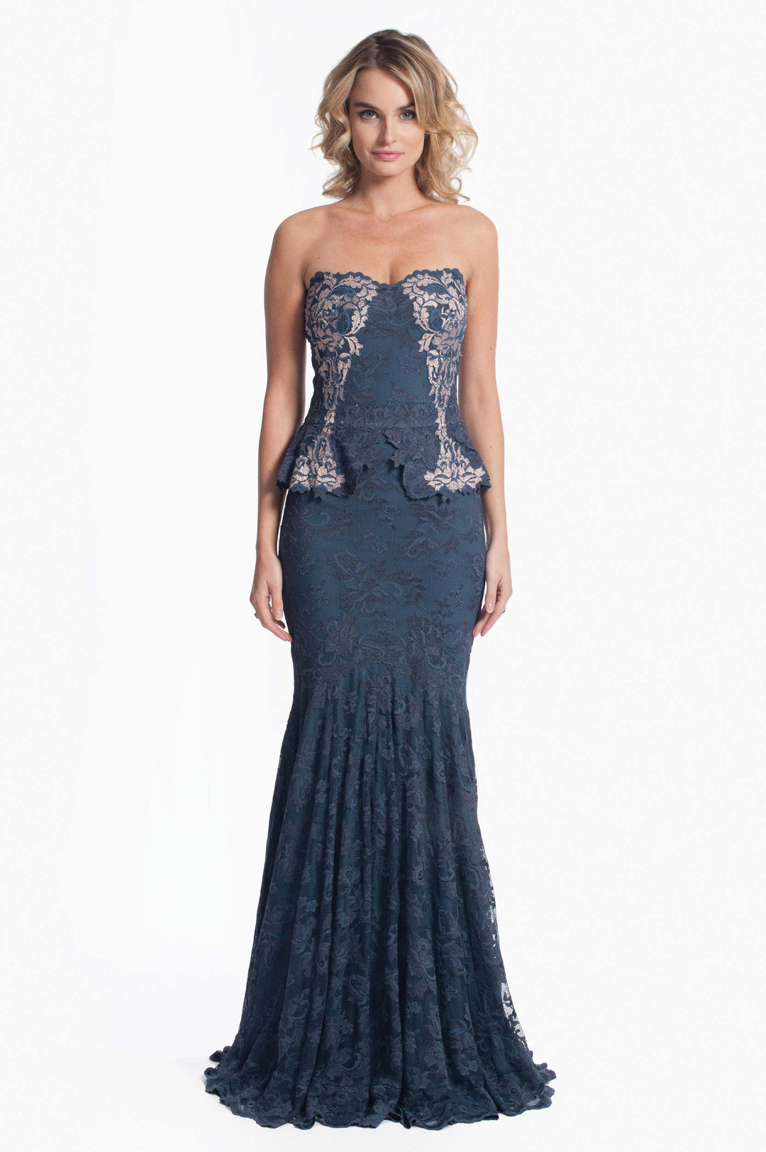 Elegant Indigo Lace Strapless Mermaid Gown-0