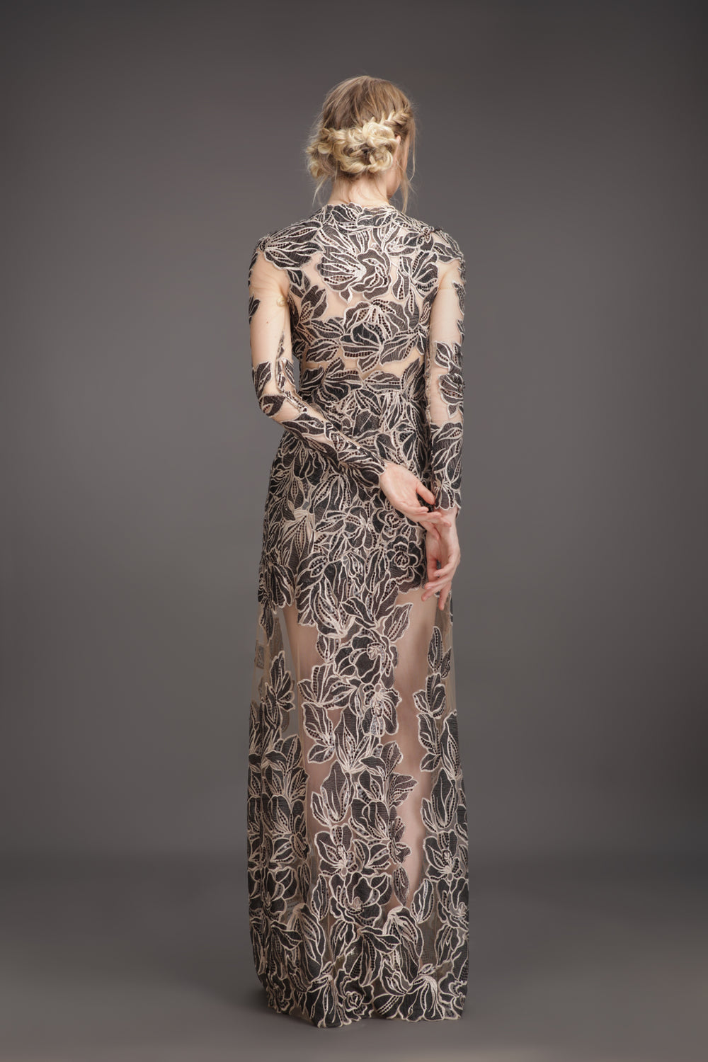Black Iris leaf mesh long gown-1