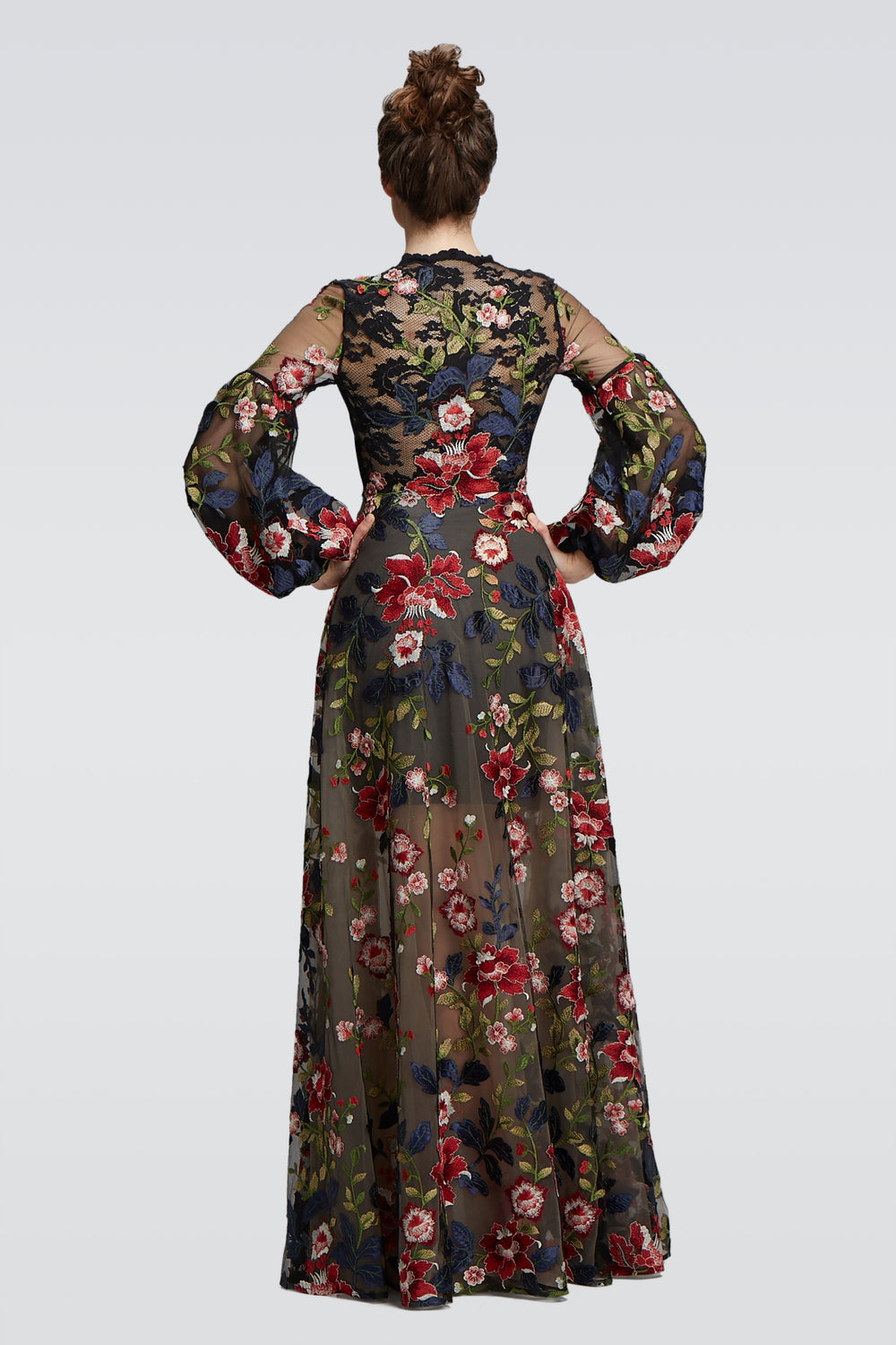 Black Maxi Dress with Blossom Trimming-1