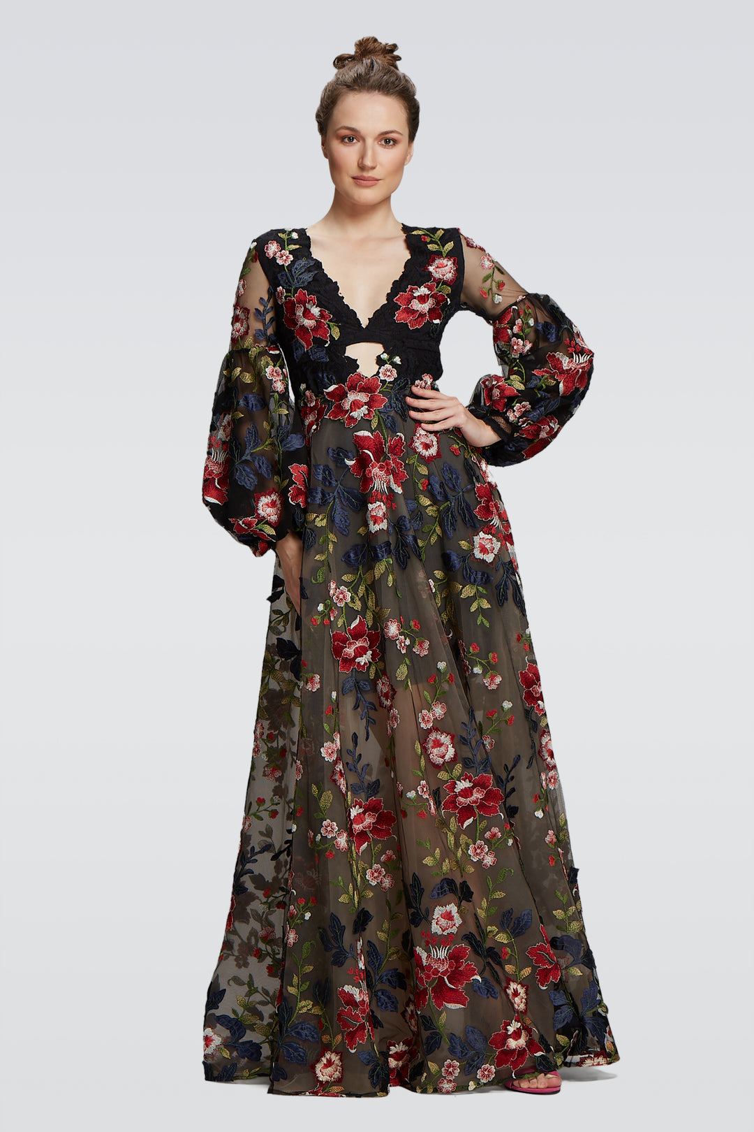 Black Maxi Dress with Blossom Trimming-0