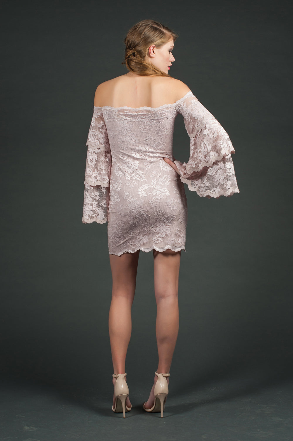Off-Shoulder Lace Dress with Ruffled Sleeves-1
