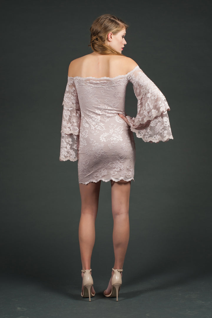 Off-Shoulder Lace Dress with Ruffled Sleeves-1