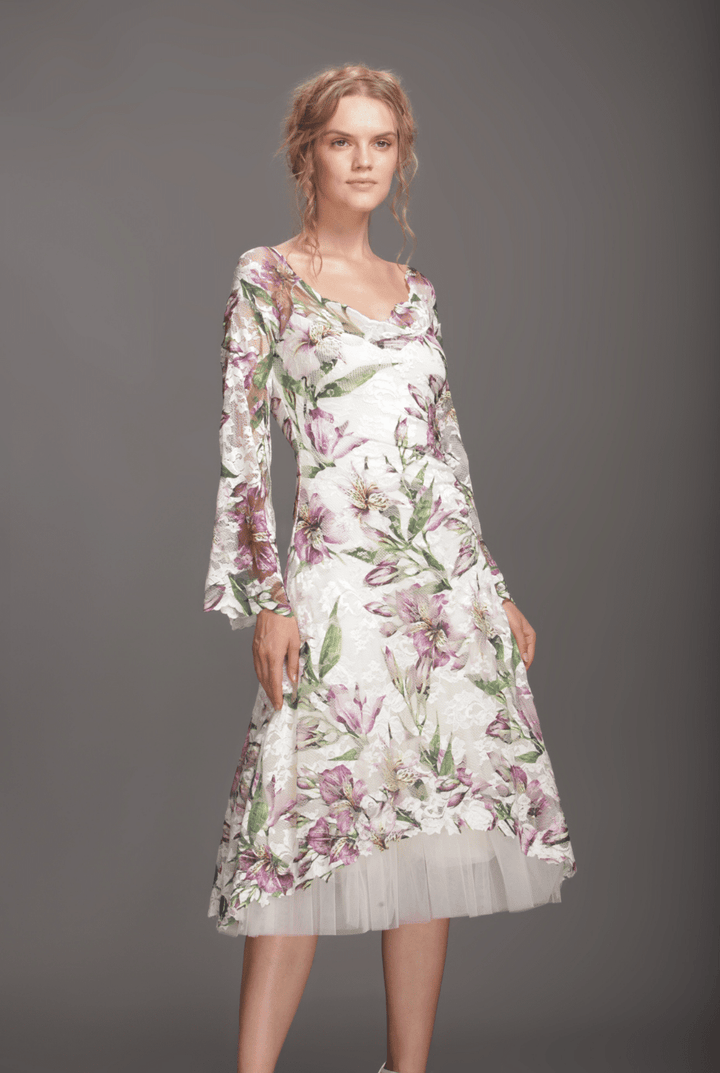Printed dress with tulle skirt-0