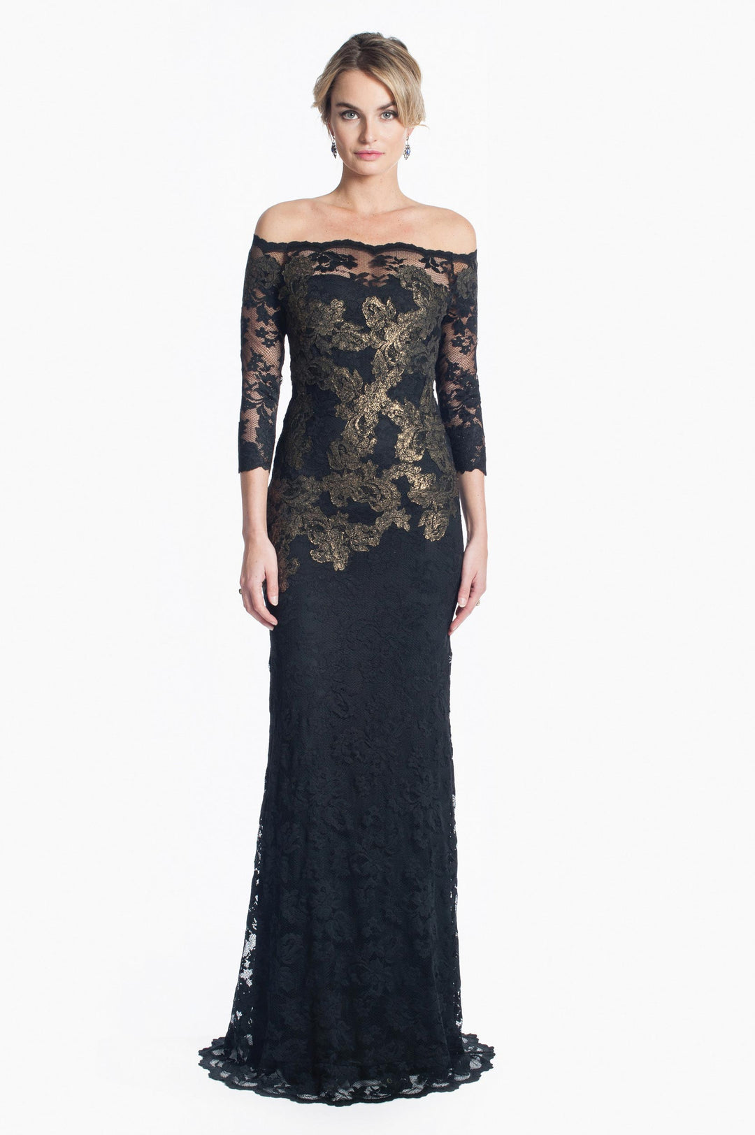 Sophisticated Off-Shoulder Lace Gown with Gold Accents-0