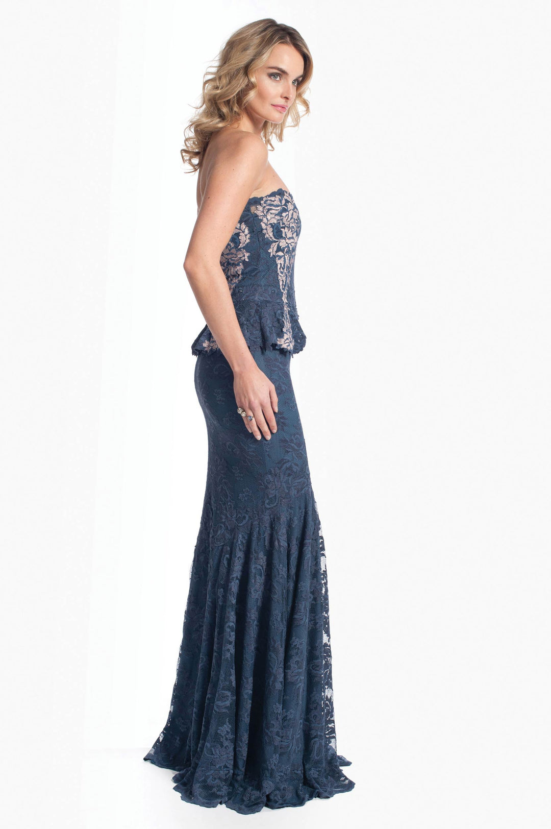 Elegant Indigo Lace Strapless Mermaid Gown-2