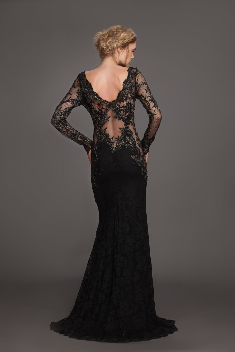 Sheer mesh torso lace cocktail gown-1