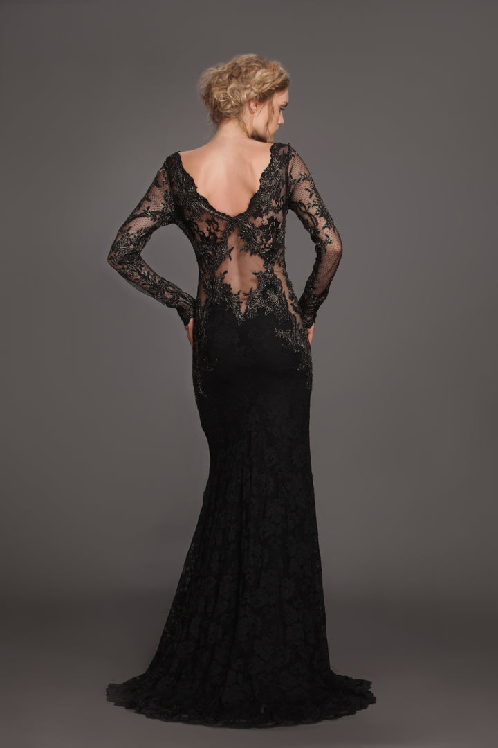 Sheer mesh torso lace cocktail gown-1