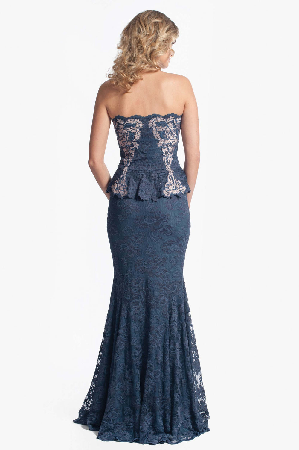 Elegant Indigo Lace Strapless Mermaid Gown-1