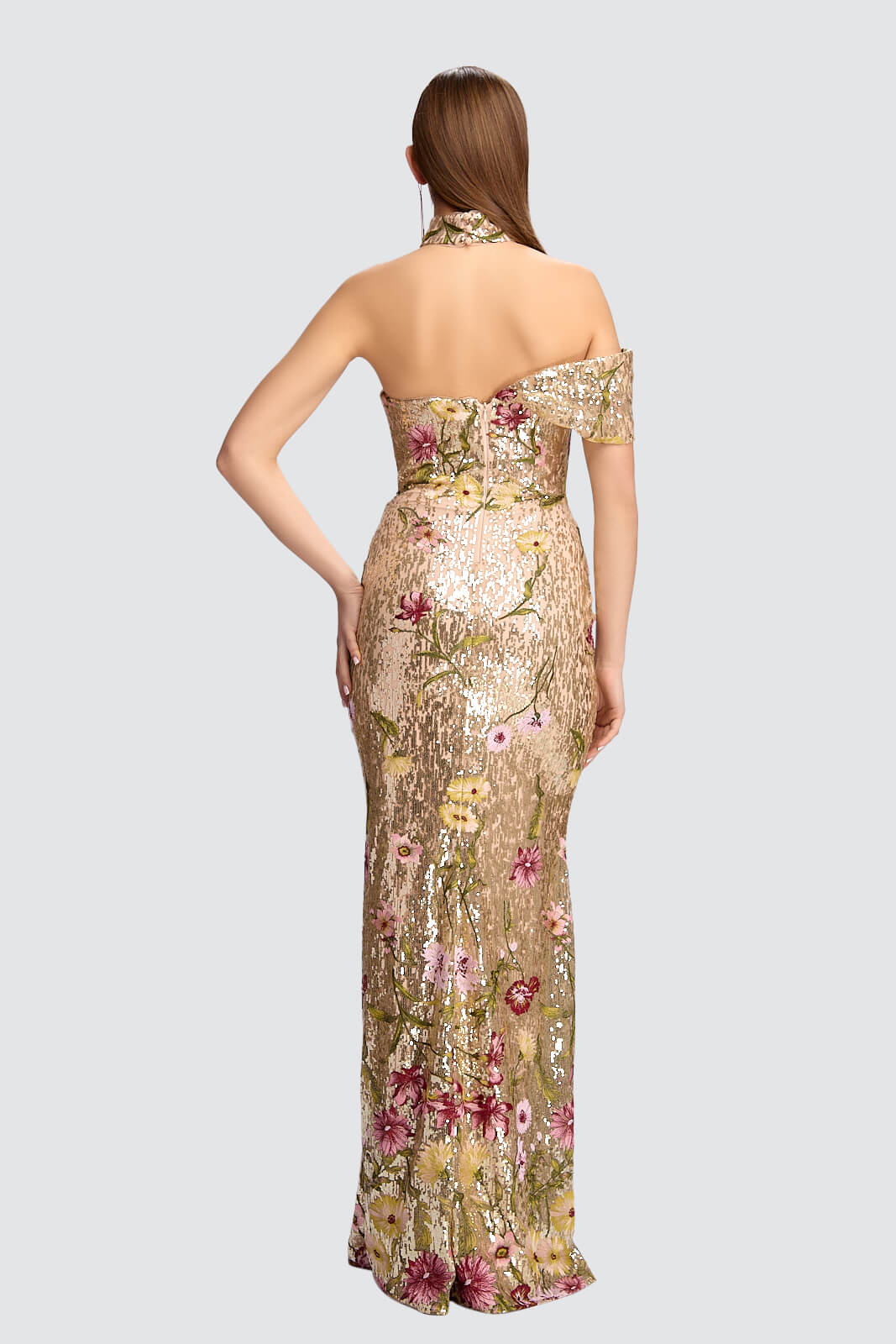 gold sequin off the shoulder dress Gold Sequin Floral Off-Shoulder Gown