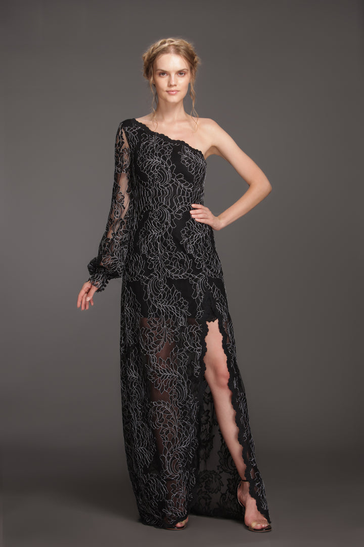 One shoulder black leaf thigh high slit gown-0