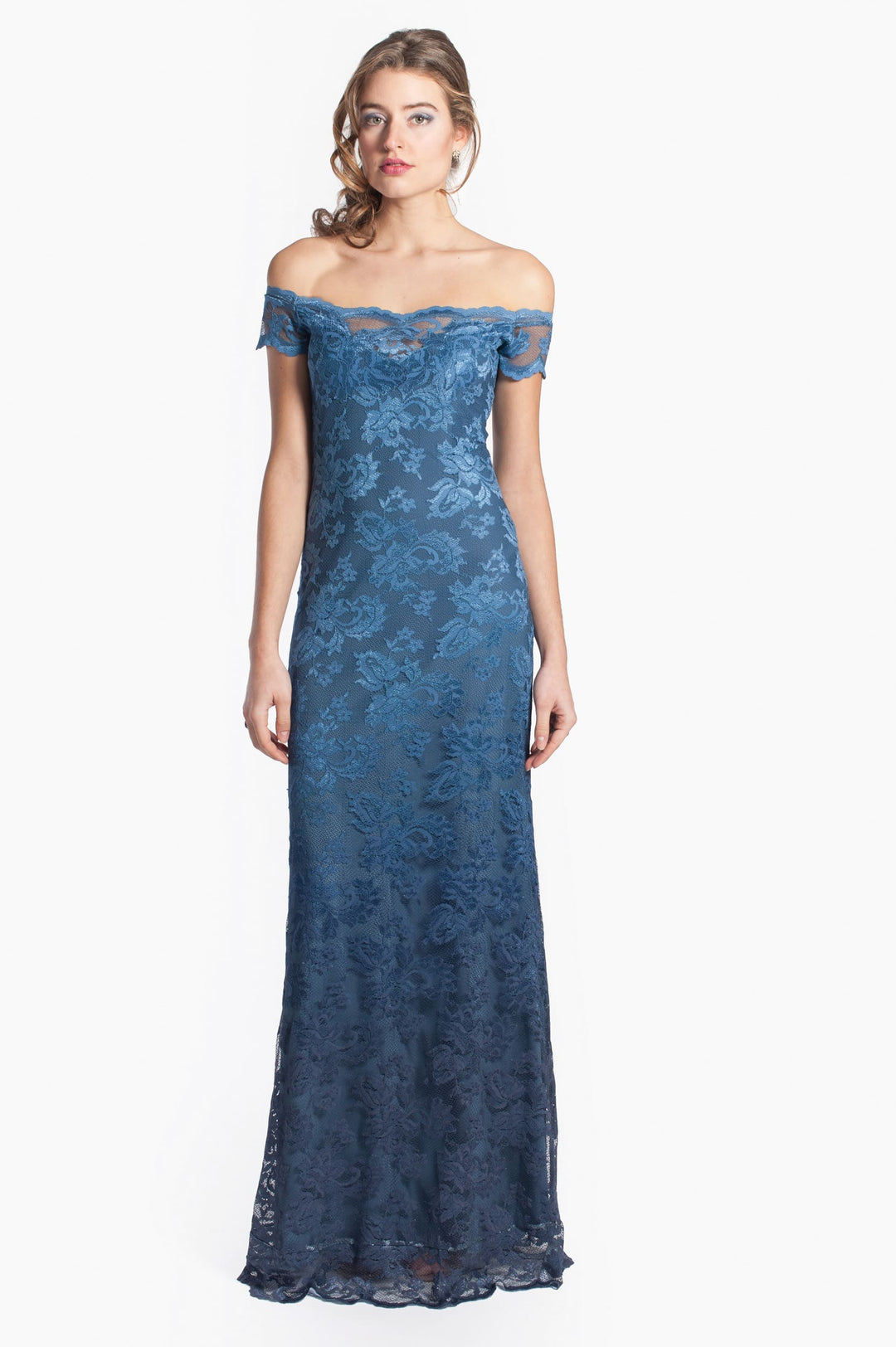 Off-Shoulder Degrade Blue Lace Gown-0