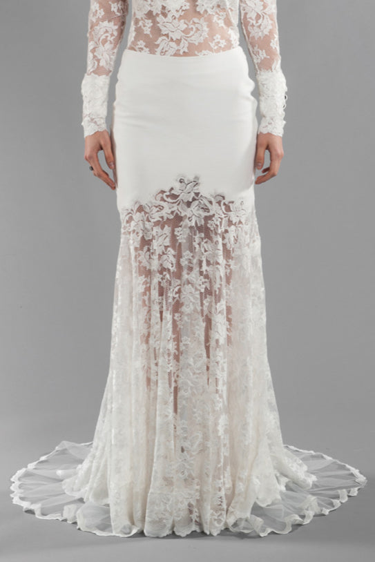 Lace Mermaid Skirt with Leather-Lined Waistband and Sheer Train-0