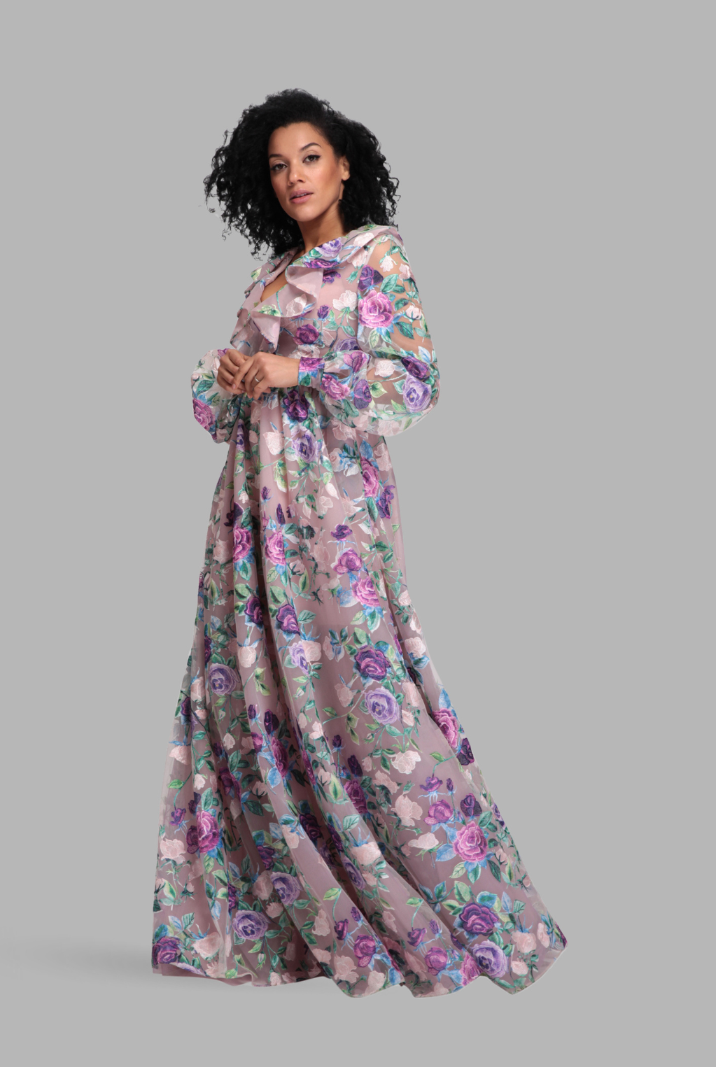 Floral frill-flow bell sleeve gown-1
