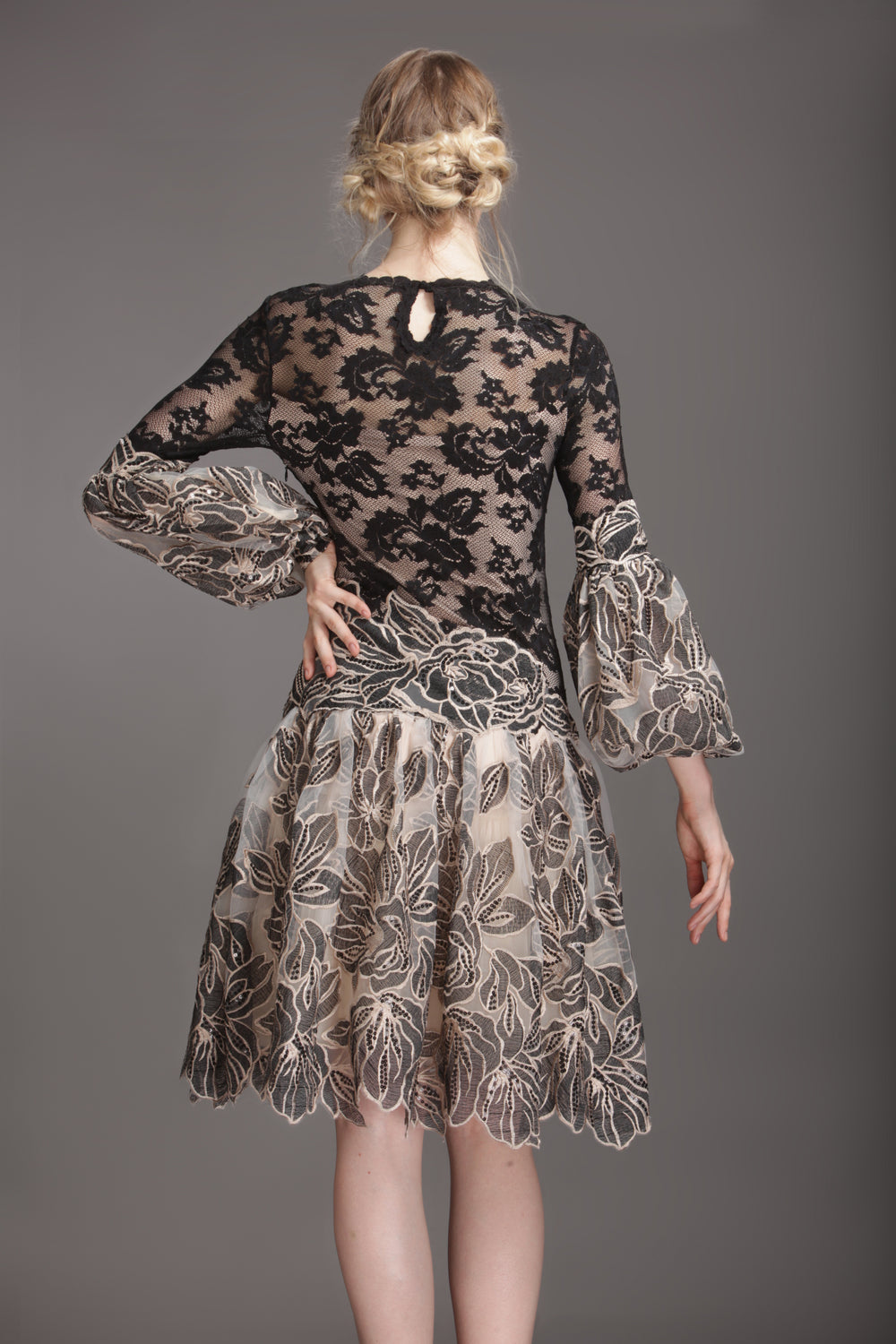 Black and beige leaf flare dress-1