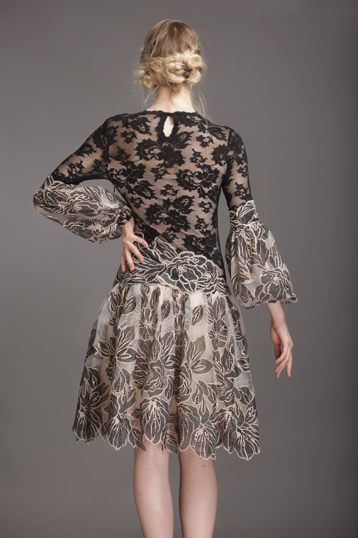 Black and beige leaf flare dress-1