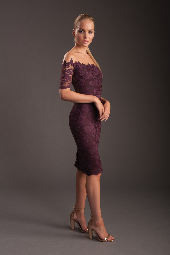 Off-Shoulder Lace Dress with Illusion Tulle-2