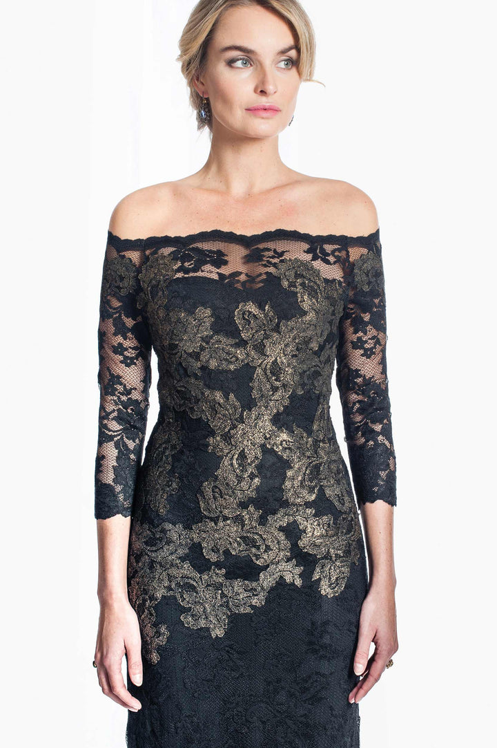 Sophisticated Off-Shoulder Lace Gown with Gold Accents-3