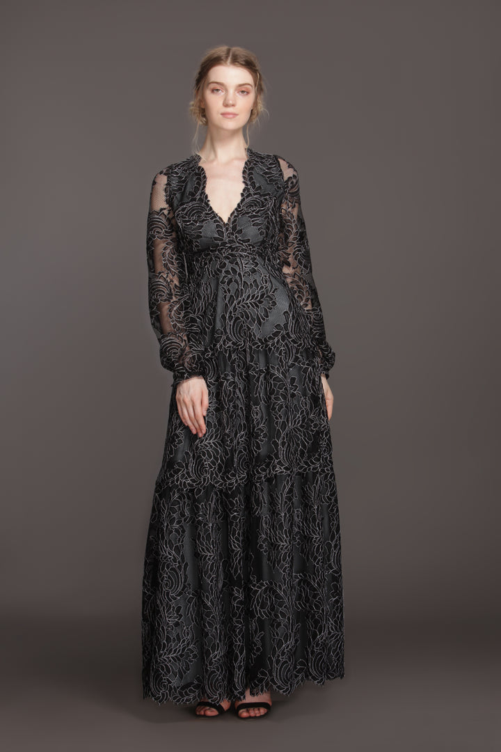 Black leaf lace gown with balloon sleeves-0
