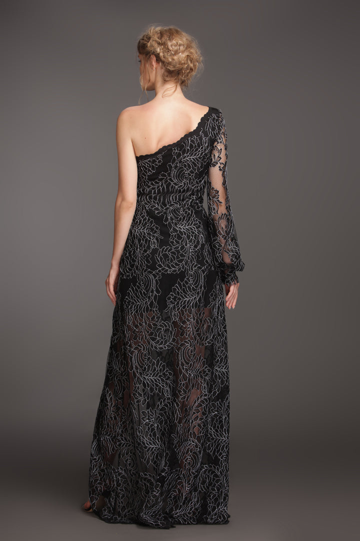 One shoulder black leaf thigh high slit gown-1