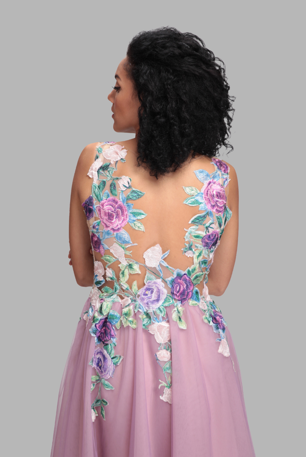 Illusion floral plunge neck tulle dress-2