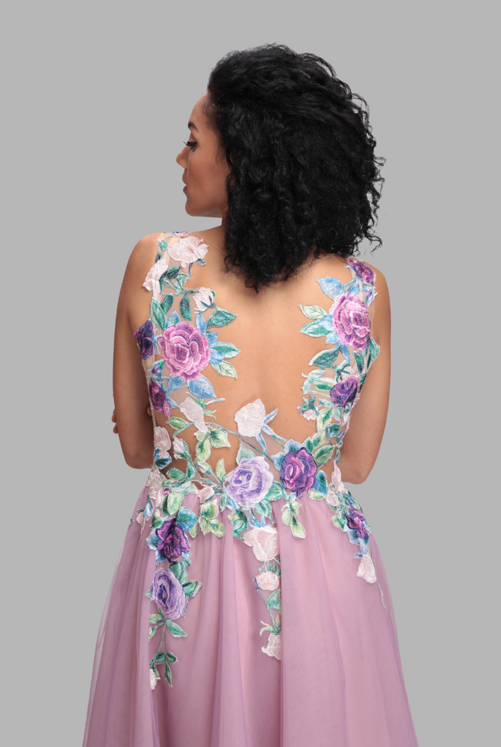 Illusion floral plunge neck tulle dress-2