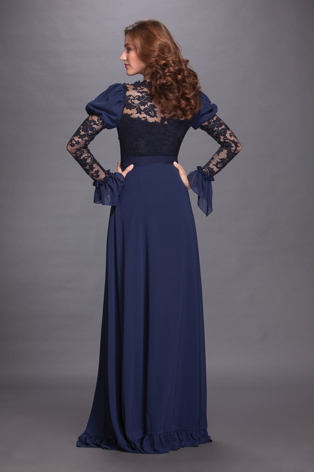 Midnight Elegance Lace and Chiffon Gown-1
