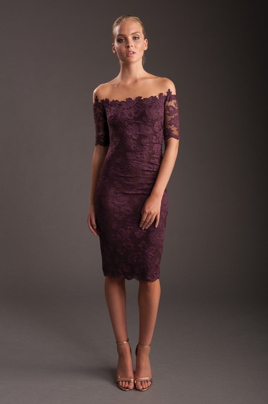 Off-Shoulder Lace Dress with Illusion Tulle-0