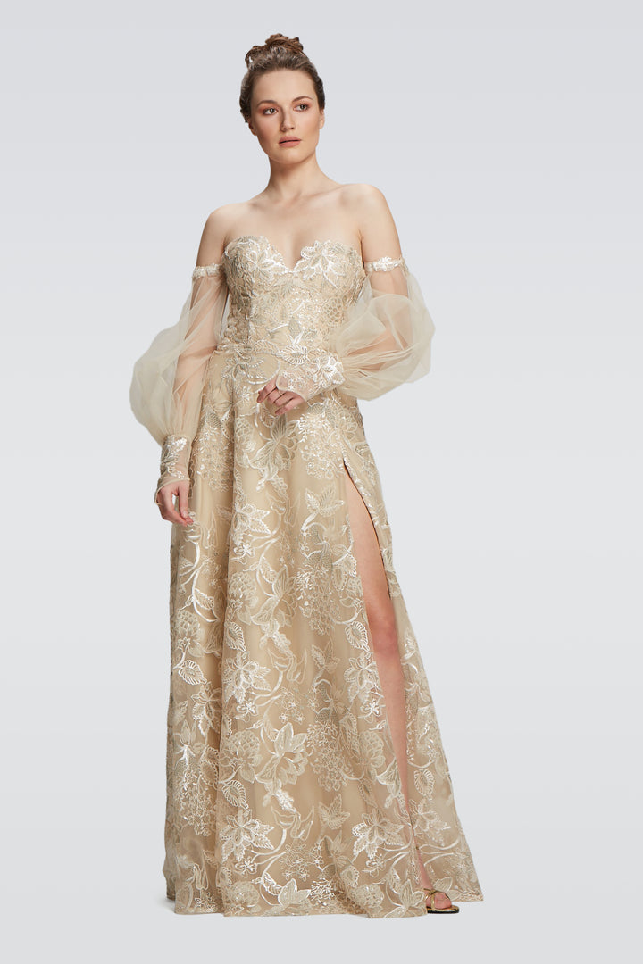 High Slit Long Gown with Detachable Sleeves-0