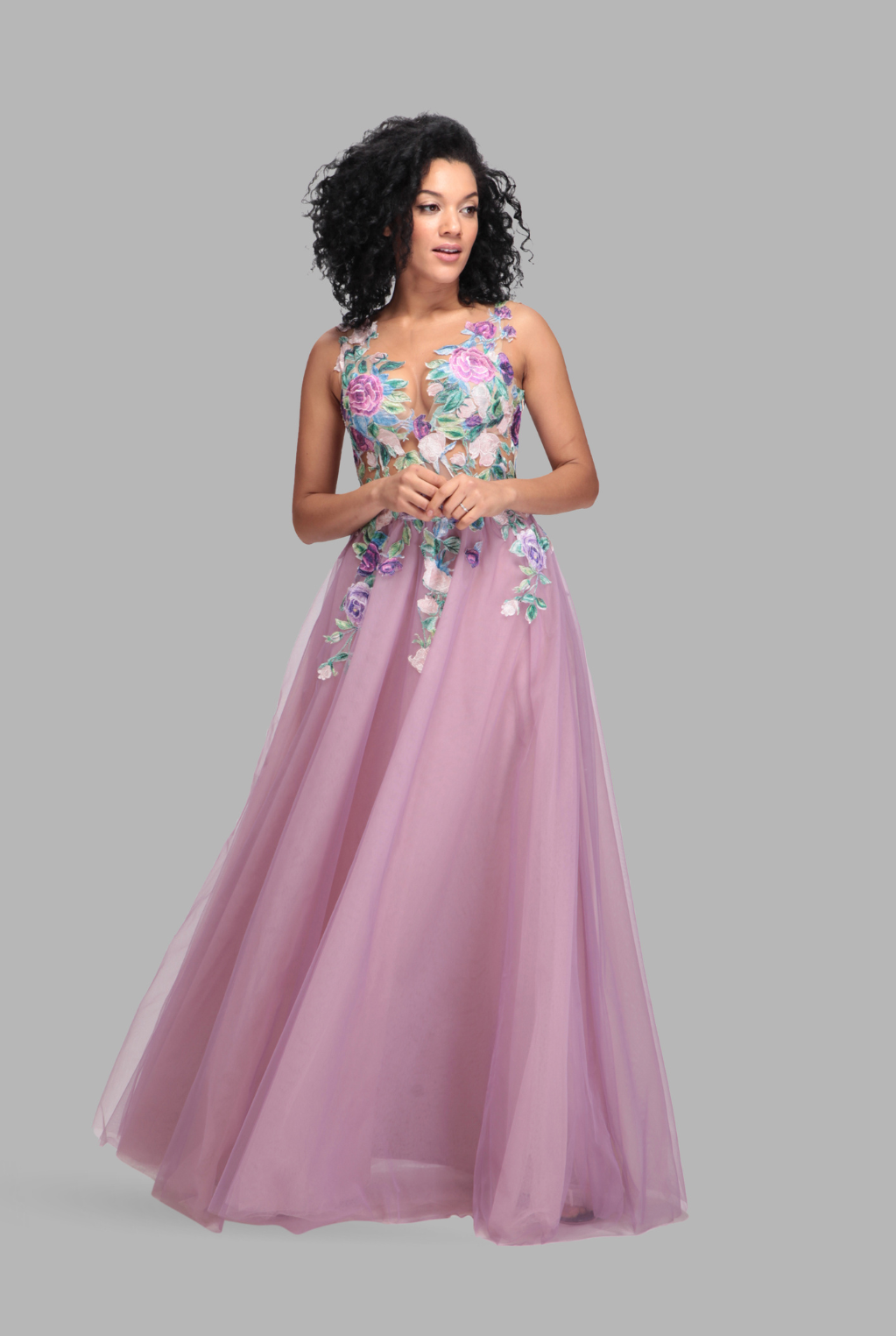 Illusion floral plunge neck tulle dress-0