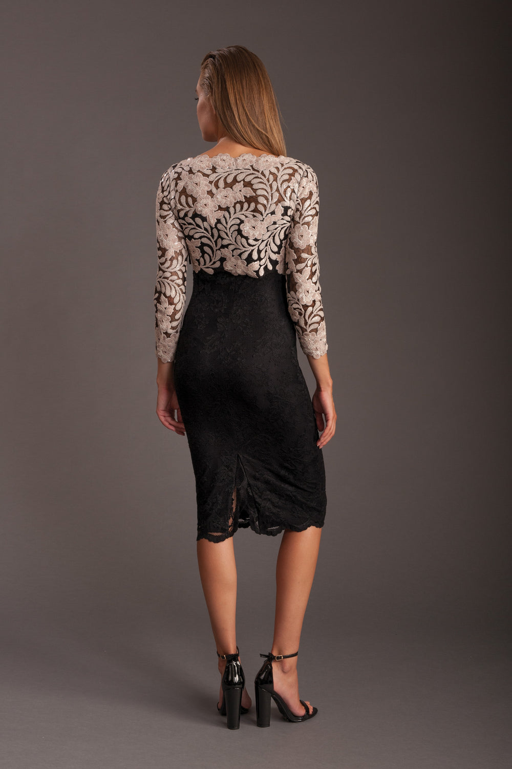 Elegant Black Lace Midi Dress with Floral Embroidery-1