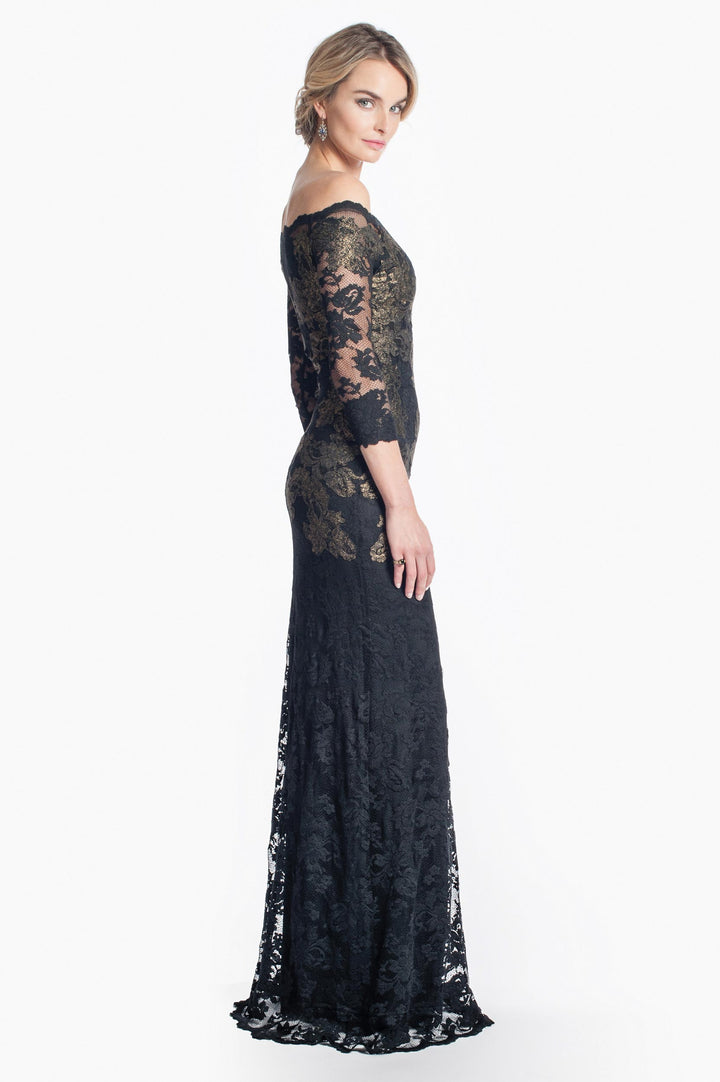 Sophisticated Off-Shoulder Lace Gown with Gold Accents-2