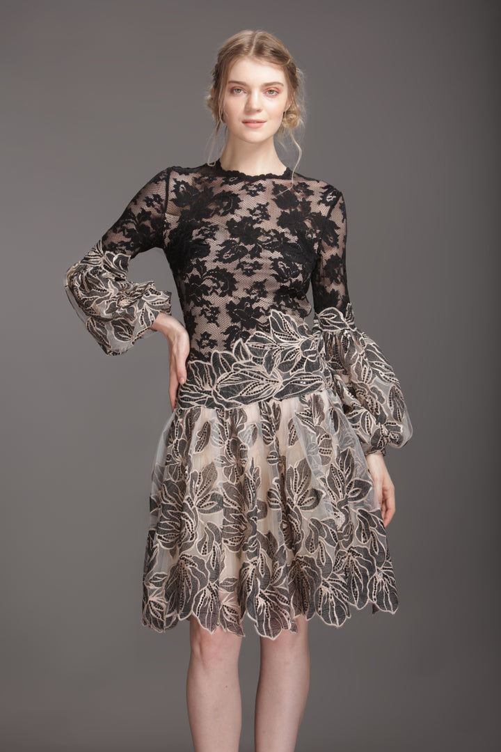 Black and beige leaf flare dress-0