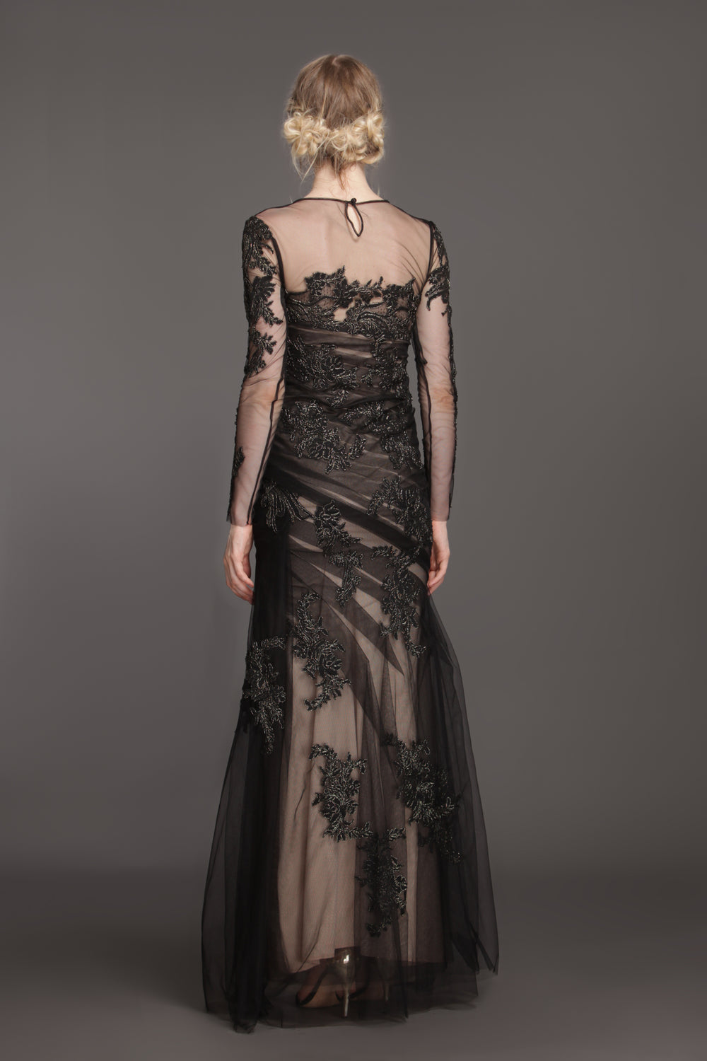 Black leaf on ruched mesh gown-1