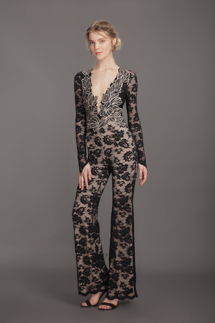 Plunge neck black leaf full sleeve jumpsuit-0
