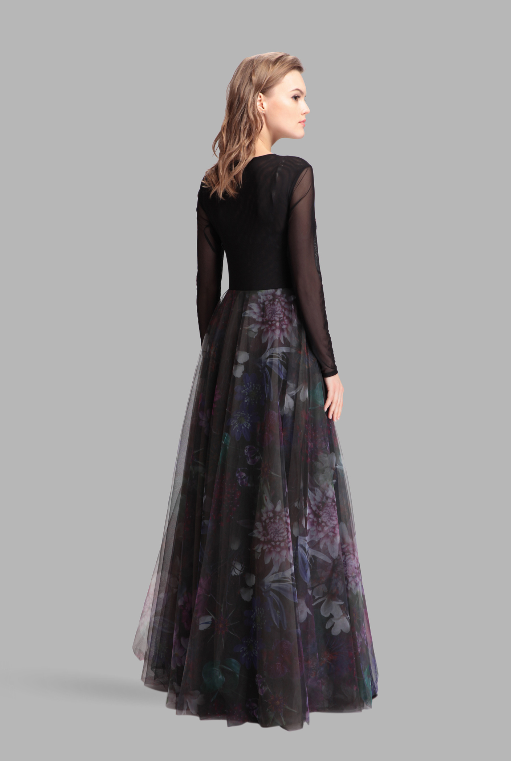 Floral long tulle full-length mesh gown-2