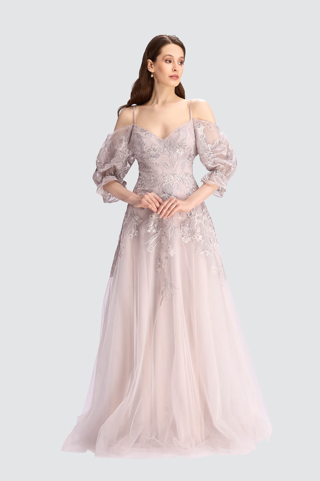 Off-Shoulder Embroidered Tulle Gown-0