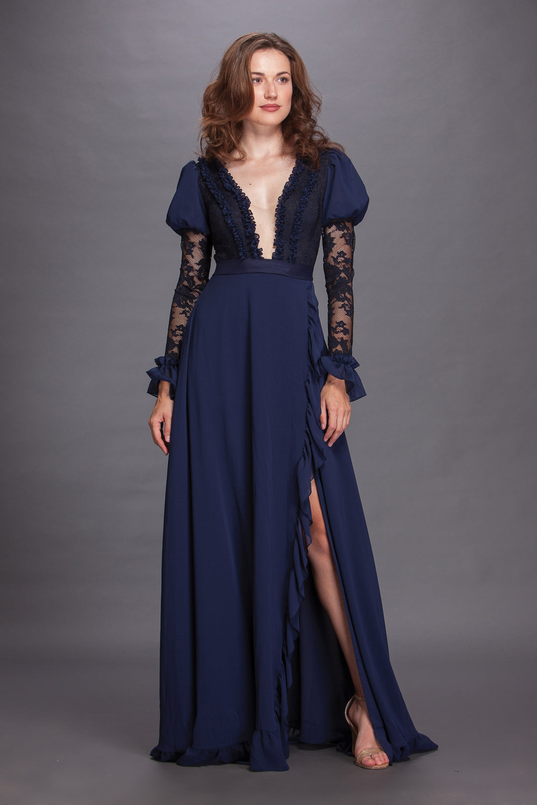 Midnight Elegance Lace and Chiffon Gown-0