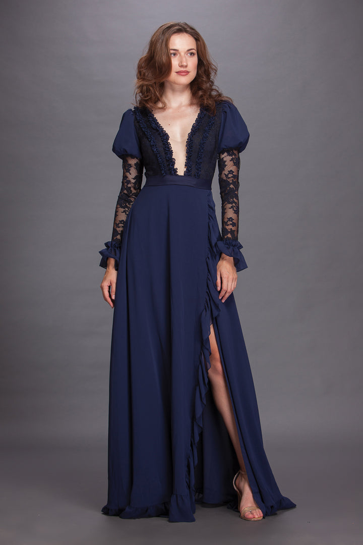 Midnight Elegance Lace and Chiffon Gown-0